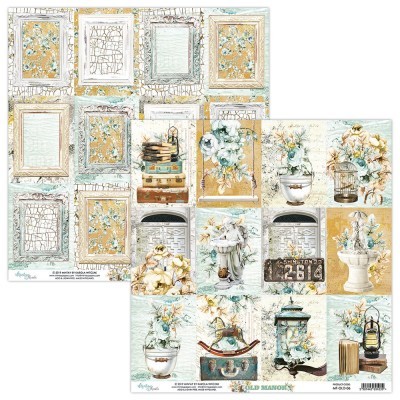 Papel decorativo para scrapbook com molduras e ilustrações vintage em tons pastel e flores