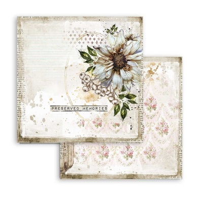 Papel decorativo para scrapbooking com flor branca e texto PRESERVED MEMORIES