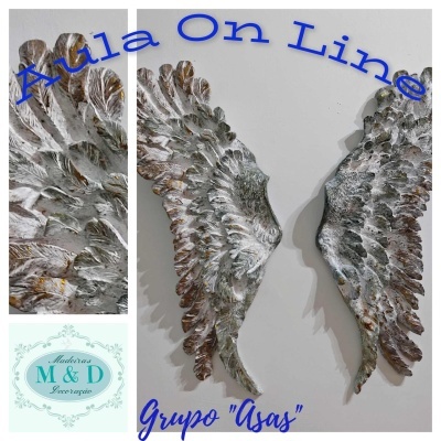 Asas decorativas de madeira cinza e marrom com texto Aula On Line e Grupo Asas