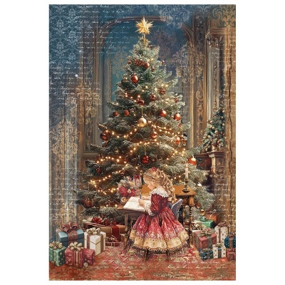 Árvore de Natal decorada com menina escrevendo numa mesa rodeada por presentes