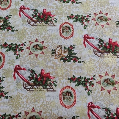 Tecido natalício com trenós, azevinho e imagens vintage de crianças