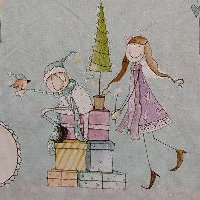 Desenho animado de duas personagens femininas com presentes e árvore de Natal