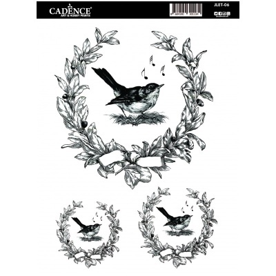 Decalques com desenho preto e branco de ave em ninho dentro de coroa de folhas