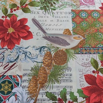 Pano natalino com flores, pássaro, pinhas, notas musicais e padrões coloridos.