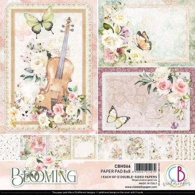 Papéis decorativos para scrapbooking com flores, borboletas e violino em tons pastel