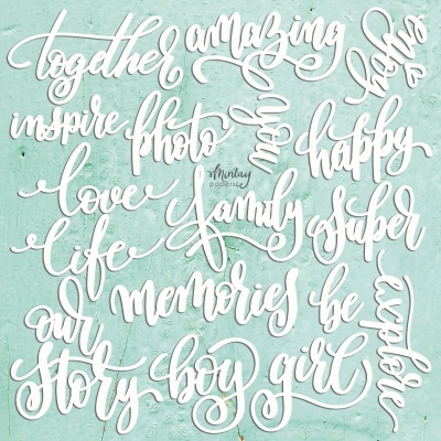 Palavras em letras cursivas brancas sobre fundo verde claro