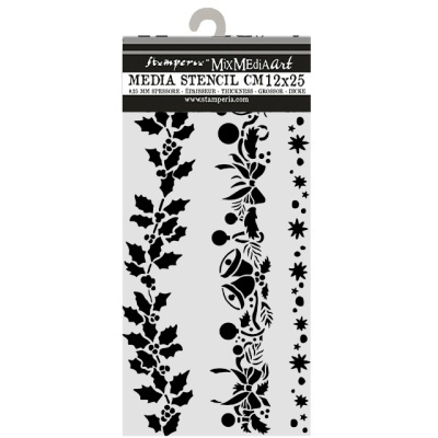 Stencil decorativo Stamperia 12x25 cm com motivos natalícios em preto.
