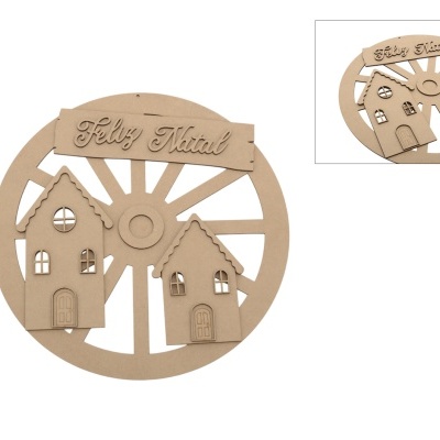 Decoração de Natal em madeira com casas e texto Feliz Natal