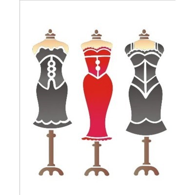 Três manequins com vestidos elegantes em cinza e vermelho com detalhes brancos