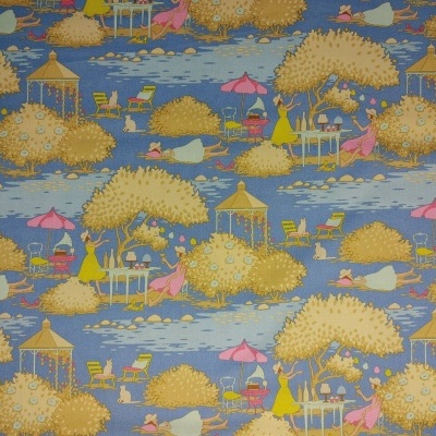 Tecido com padrão de parque com árvores amarelas e detalhes coloridos