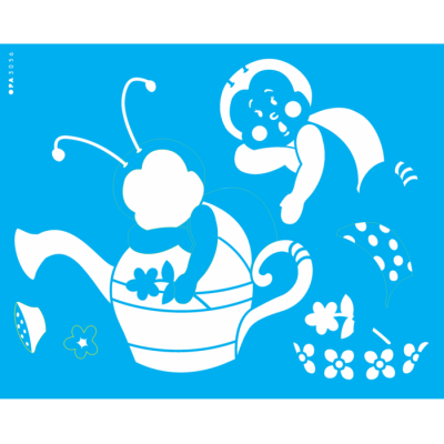 Ilustração de figuras infantis em regadora e flores sobre fundo azul