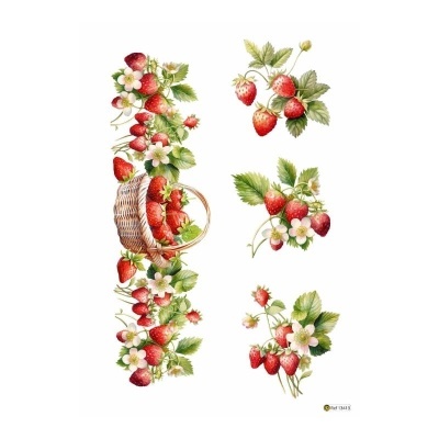 Desenho decorativo de morangos com folhas e flores brancas