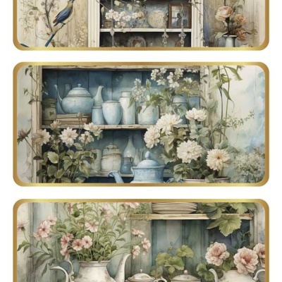 Três painéis ilustrativos de prateleiras com vasos, jarros, flores e chávenas de porcelana.