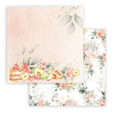 Duas folhas decorativas quadradas com desenhos de frutas, doces e flores em tons pastel.