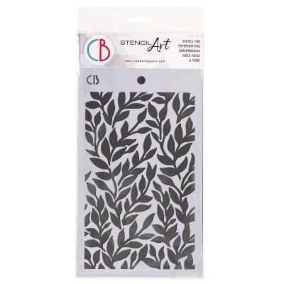 Stencil para decoração com padrão de folhas pretas em embalagem transparente e rótulo branco