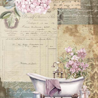 Banheira branca antiga com flores rosas e fundo com texto manuscrito e padrões florais
