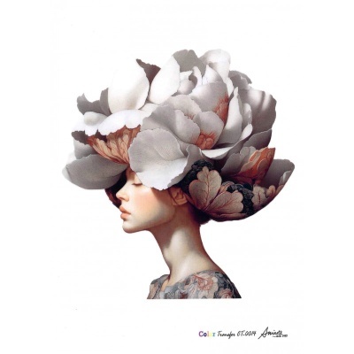 Ilustração artística de mulher com flores grandes no cabelo em tons neutros.