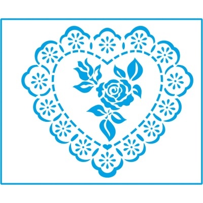 Stencil azul em forma de coração com padrão de rosas e borda floral