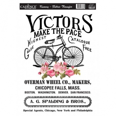 Transfer para tecido com desenho de bicicleta antiga, flores cor-de-rosa e texto publicitário em inglês.