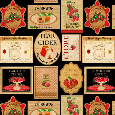 Etiquetas vintage de bebidas alcoólicas com ilustrações de frutas e textos em inglês e francês