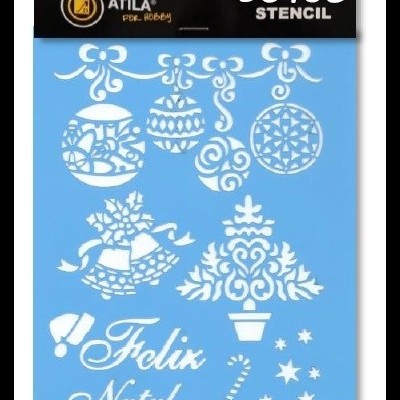 Stencil plástico azul com motivos natalícios brancos e embalagem preta com texto.