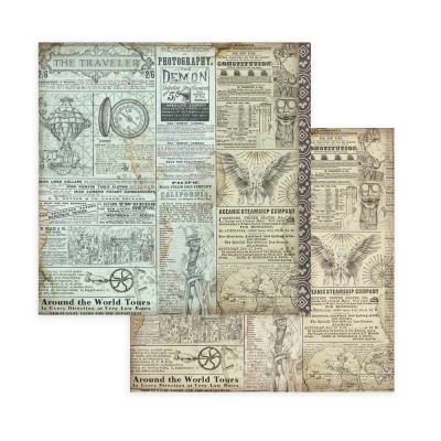 Folhas de papel decorativo com padrão vintage de mapas antigos e desenhos técnicos