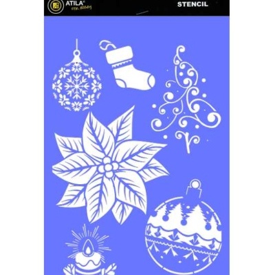 Stencil azul com desenhos brancos de Natal, embalagem ATILA modelo 86049