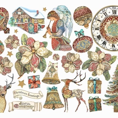 Adesivos decorativos de Natal com anjo, rena, árvore, sino e flores, em tons bege, verde, vermelho e dourado