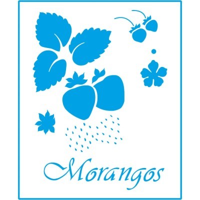 Design gráfico azul com morangos, folhas, flores, gotas e texto 'Morangos'