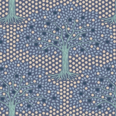 Padrão repetido de árvores azuis com bolinhas bege em fundo azul escuro