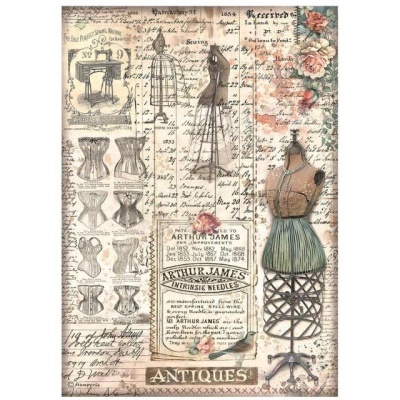Colagem vintage com desenhos de manequins, corsets e texto antigo, incluindo etiqueta 'ARTHUR JAMES INTRINSIC NEEDLES' e palavra 'ANTIQUES'.