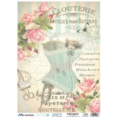 Design vintage com corset azul e flores rosas com texto em francês