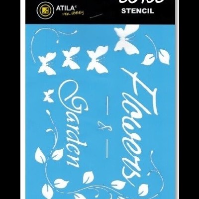 Stencil azul com flores, folhas, borboletas e texto branco 'Flowers & Garden'