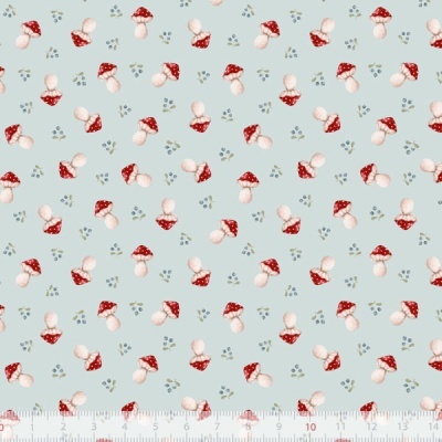 Tecido azul claro com padrão de cogumelos vermelhos e folhas verdes pequenas