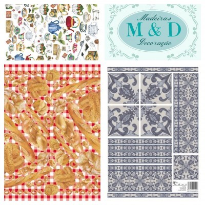 Quatro padrões decorativos incluindo utensílios de cozinha, pães, azulejos e logótipo 'Madeiras M & D Decoração'