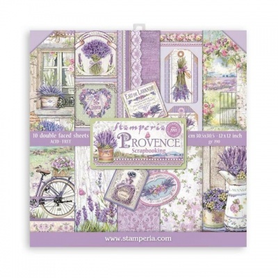 Conjunto de folhas para scrapbooking com tema lavanda e elementos vintage em lilás e verde.