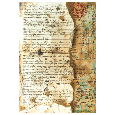 Páginas antigas com texto manuscrito, manchas, carimbo vermelho e papel rasgado
