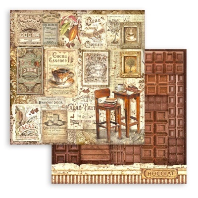 Papel decorativo com tema chocolate e cacau em tons castanhos e bege.