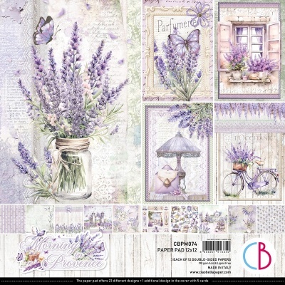 Papel decorativo com imagens de lavanda, borboletas e objetos campestres em lilás e verde