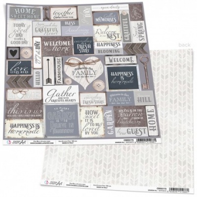 Papel decorativo para scrapbooking com mensagens em inglês e design de madeira e tecido em tons neutros.