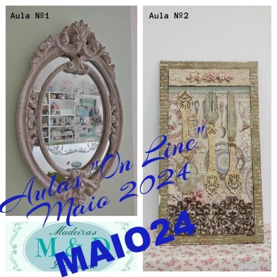 Espelho oval decorativo à esquerda e painel decorativo com talheres à direita, texto promocional sobreposto.