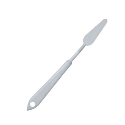 Espátula fina branca de plástico com orifício no cabo