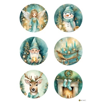 Ilustrações natalícias circulares em tons azuis e dourados com anjo, boneco de neve, gnomo, trenó, rena e lareira decorada.