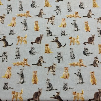 Tecido cinzento claro com padrão de gatos em várias cores e posições