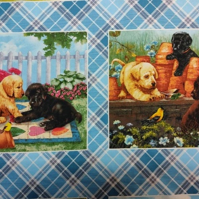 Toalhas estampadas com desenhos de cachorros filhotes e fundo azul xadrez.