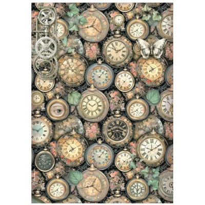 Papel de parede com padrão de relógios de bolso vintage e elementos florais