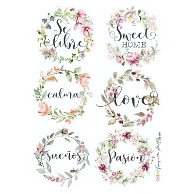 Seis círculos florais decorativos com texto em línguas diferentes sobre fundo branco