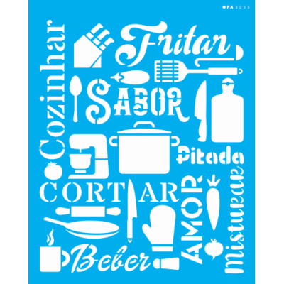 Ilustração em fundo azul com palavras e ícones de utensílios de cozinha em branco.