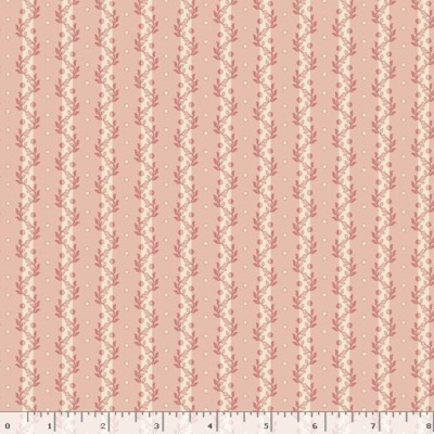 Tecido rosa claro com ramos florais em linhas verticais cor-de-rosa escuro