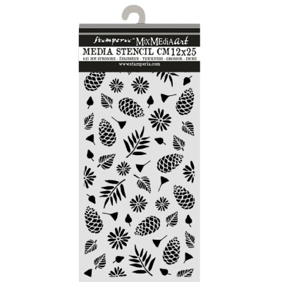 Stencil Mix Media Art Stamperia com padrão de folhas, pinhas e flores
